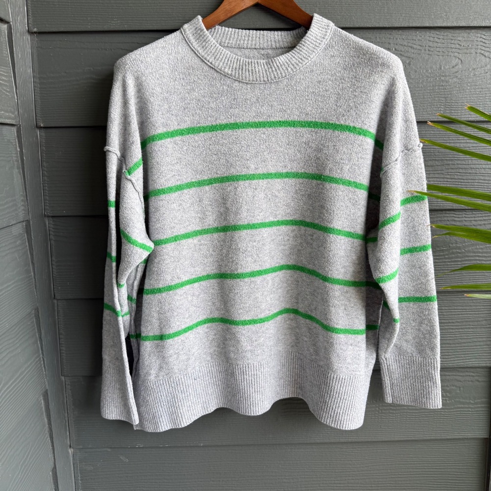 Aerie Oversized Gray Green Striped Crewneck Sweater Women's XL Slouchy Knit